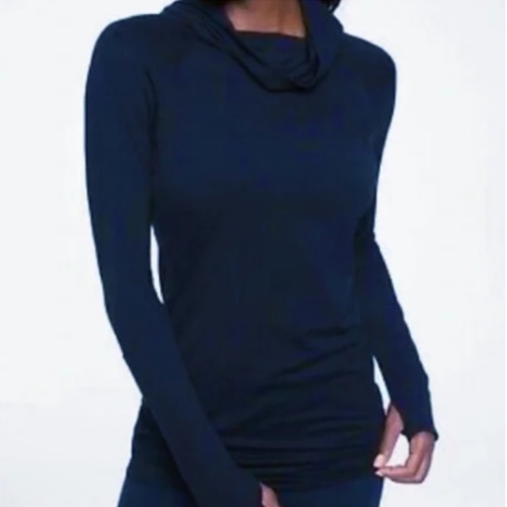 Athleta Essence Hooded Tunic Top Long Sleeve Sweatshirt Navy Blue Size Small